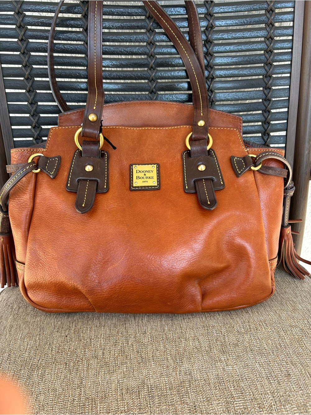Dooney & Bourke Cognac Brown Leather Shoulder Bag with Dark Brown Trim